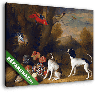 Tájkép egzotikus madarakkal és két kutyával (színverzió 1) - vászonkép 3D látványterv