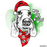 The christmas poster dog Basset Hound portrait in the Santas hat vászonkép, poszter vagy falikép
