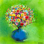 A tavaszi virágcsokor kék vázában vászonkép, poszter vagy falikép