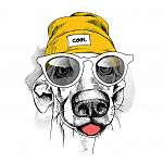 Portrait of dog in a yellow Hipster hat and with glasses. Vector vászonkép, poszter vagy falikép