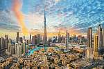 Luxus felhőkarcolók Dubaiban felhős éggel vászonkép, poszter vagy falikép