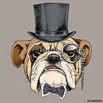 Bulldog portrait in a bowler hat, with a tie and with a monocle. vászonkép, poszter vagy falikép