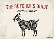 Cut of meat set. Poster Butcher diagram, scheme - Goat. Vintage vászonkép, poszter vagy falikép
