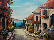Mediterán utcakép tengeri kilátással (festmény) vászonkép, poszter vagy falikép