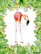 Pink flamingo watercolor hand drawn illustration in arrangement vászonkép, poszter vagy falikép