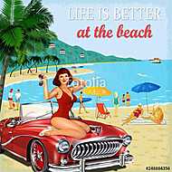 Vintage vacation background with pin-up girl, retro car and people on the beach vászonkép, poszter vagy falikép