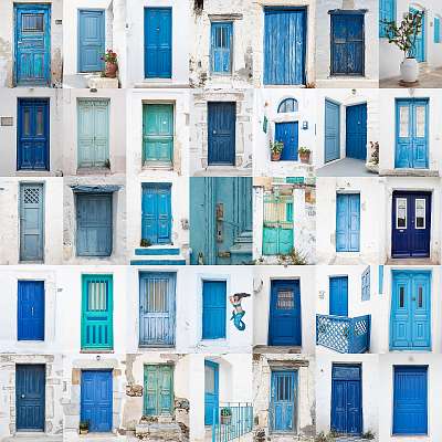 A görög ajtók kollázsai: kék, türkiz, zöld (többrészes kép) - vászonkép, falikép otthonra és irodába