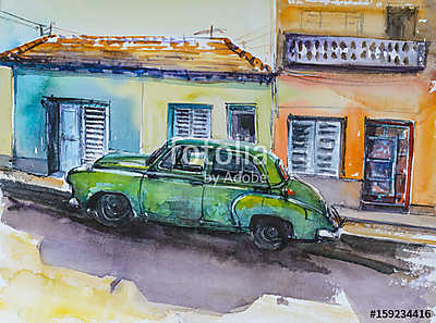 Zöld autó parkol (akvarell) (keretezett kép) - vászonkép, falikép otthonra és irodába
