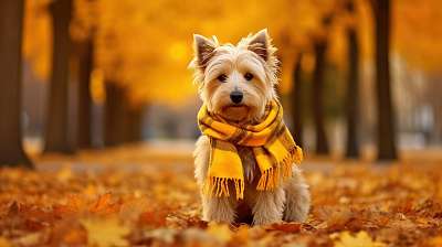 Westie kutyus sállal az őszi avaron (fotótapéta) - vászonkép, falikép otthonra és irodába