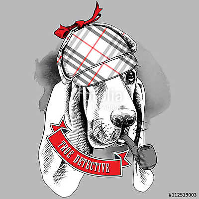 Poster with the image of a Basset Hound dog in a deerstalker wit (fotótapéta) - vászonkép, falikép otthonra és irodába