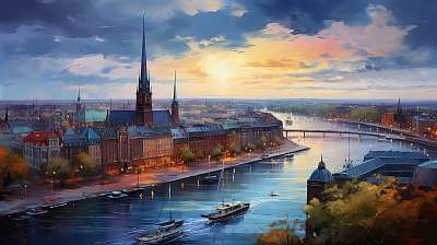 Hamburg naplementében (vízfestéék effekt) (keretezett kép) - vászonkép, falikép otthonra és irodába