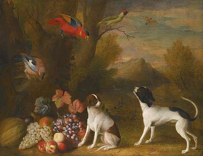 Tájkép egzotikus madarakkal és két kutyával (bögre) - vászonkép, falikép otthonra és irodába