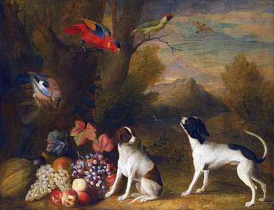 Tájkép egzotikus madarakkal és két kutyával (színverzió 1) (keretezett kép) - vászonkép, falikép otthonra és irodába